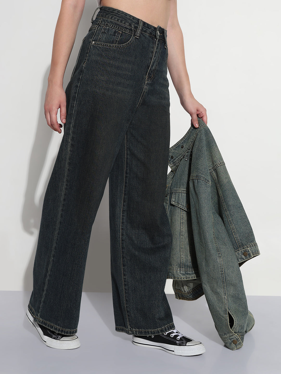 Women's Navy Blue High Rise Baggy Jeans