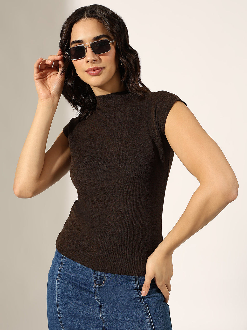 Women's Knitted Brown High Neck Cap Sleeve Top