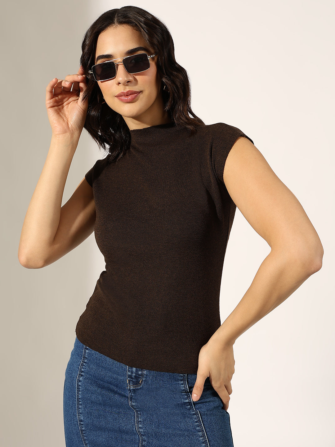 Women's Knitted Brown High Neck Cap Sleeve Top