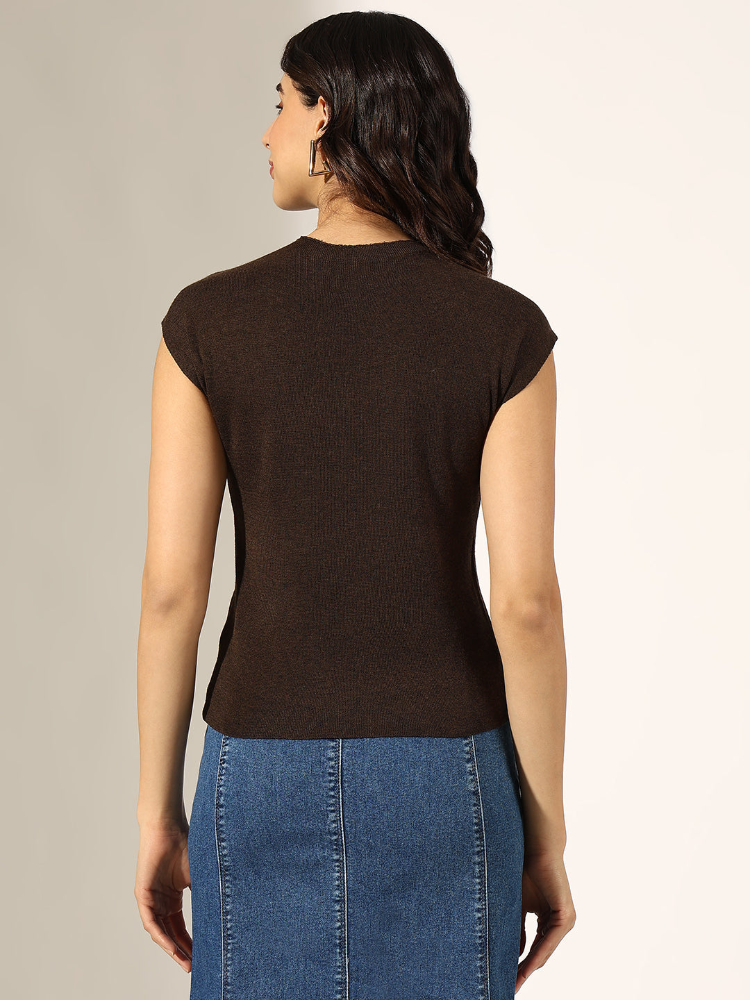 Women's Knitted Brown High Neck Cap Sleeve Top