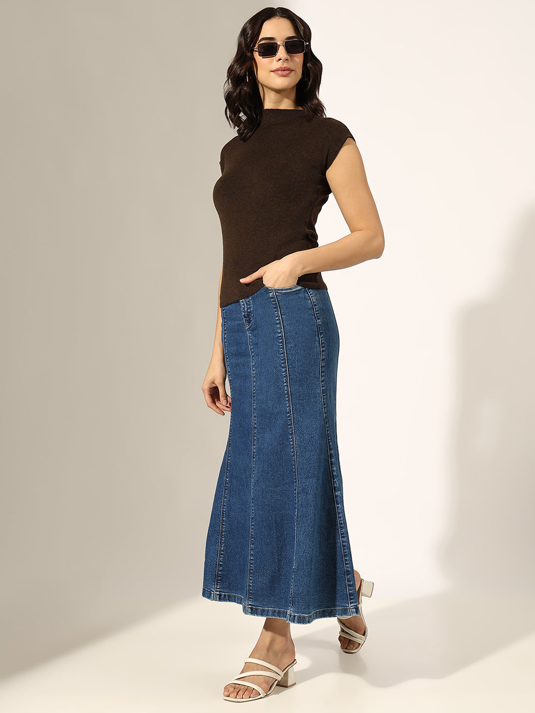 Women's Knitted Brown High Neck Cap Sleeve Top