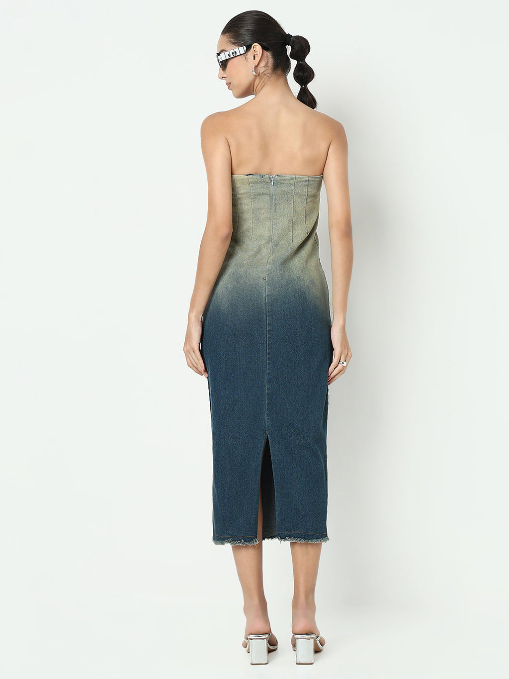 Women's Ombre Blue Bodycon Maxi Dress with Back Slit