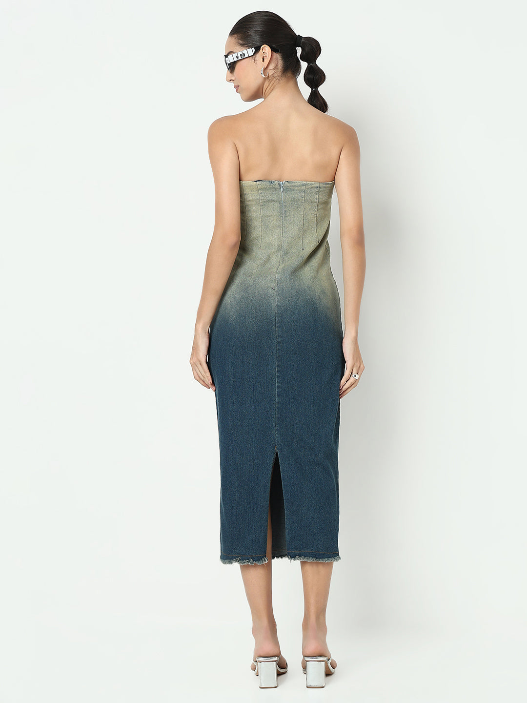 Women's Ombre Blue Bodycon Maxi Dress with Back Slit