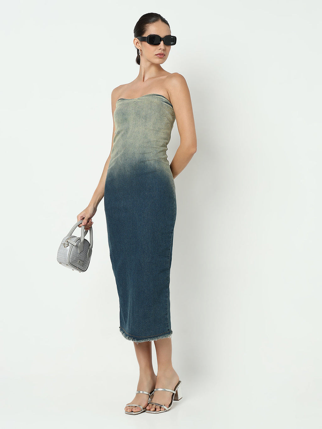 Women's Ombre Blue Bodycon Maxi Dress with Back Slit