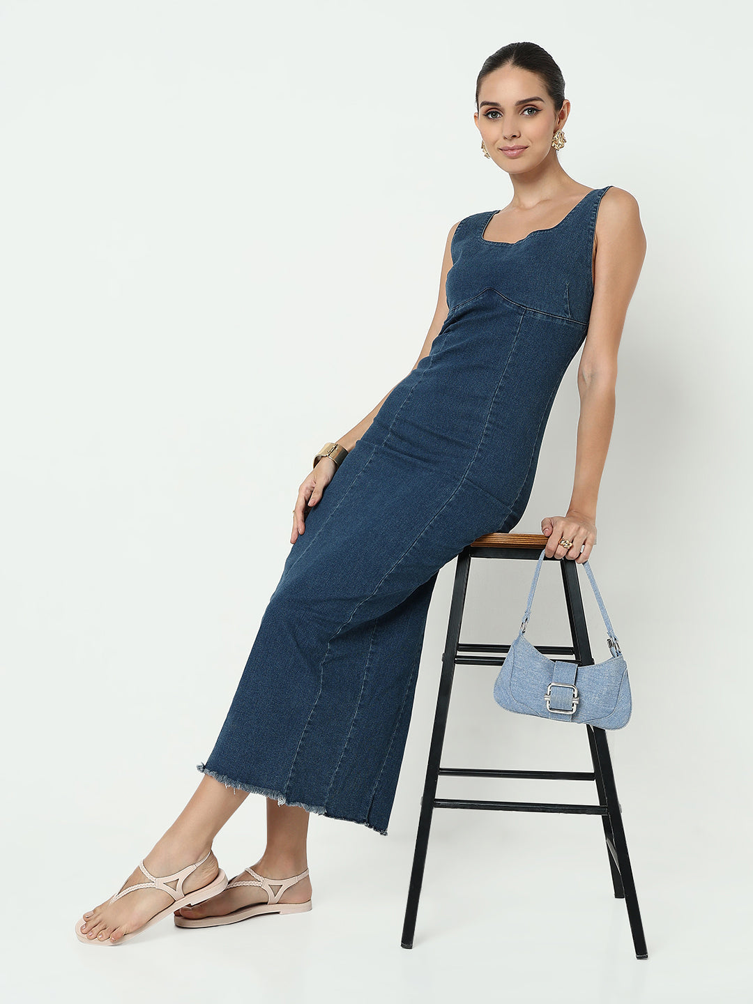 Women's Blue Denim Bodycon Maxi Dress with Back Slit