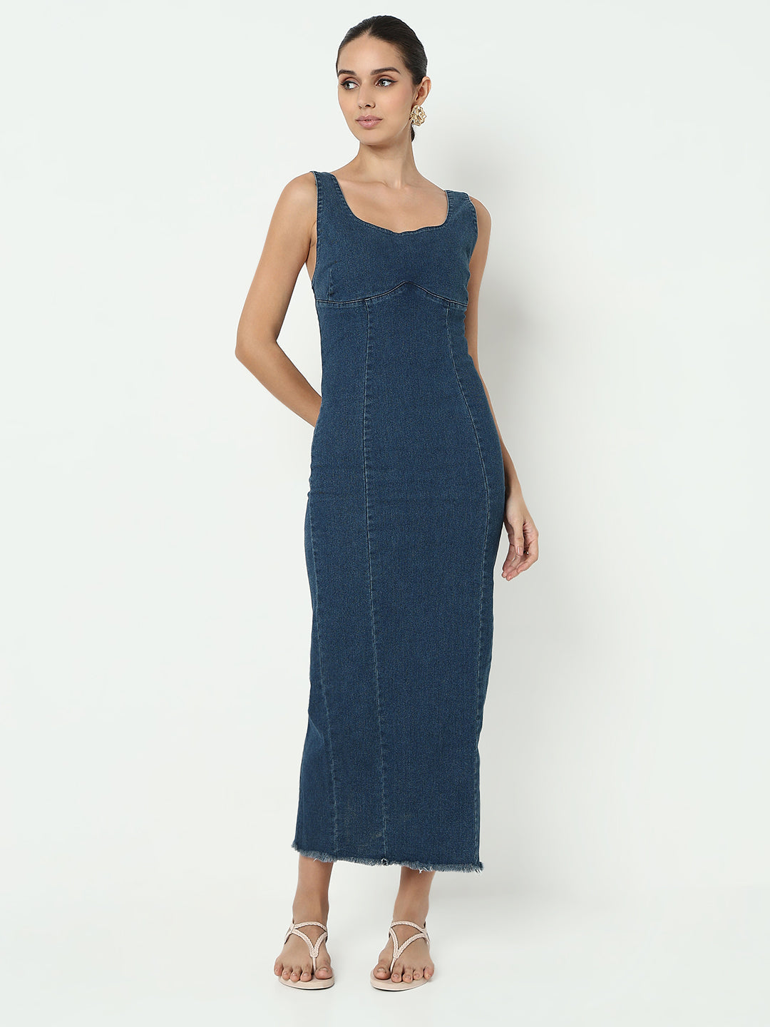 Women's Blue Denim Bodycon Maxi Dress with Back Slit