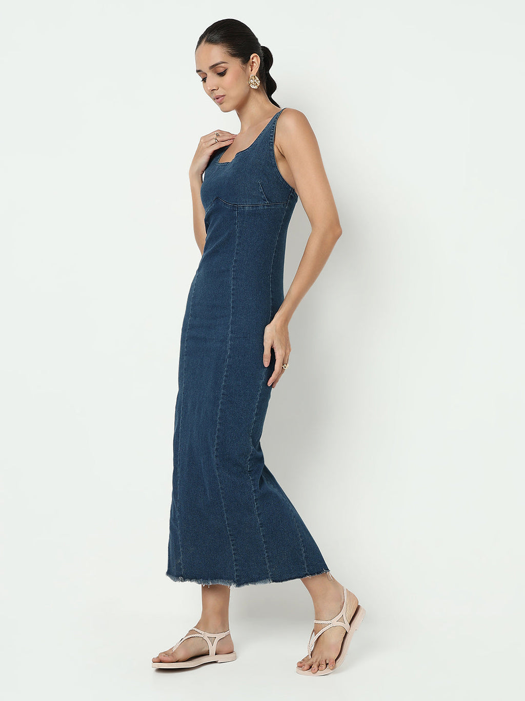 Women's Blue Denim Bodycon Maxi Dress with Back Slit