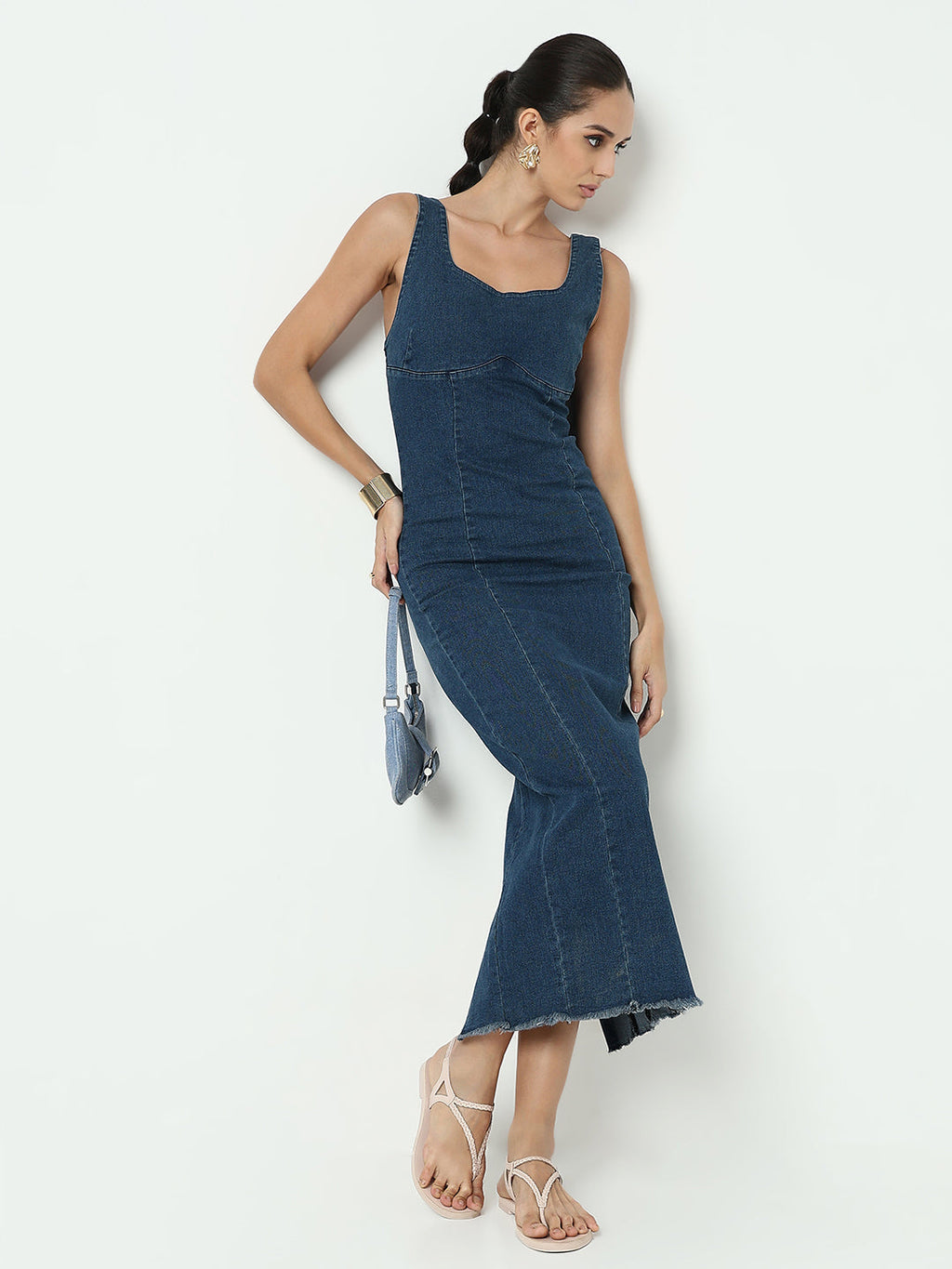 Women's Blue Denim Bodycon Maxi Dress with Back Slit
