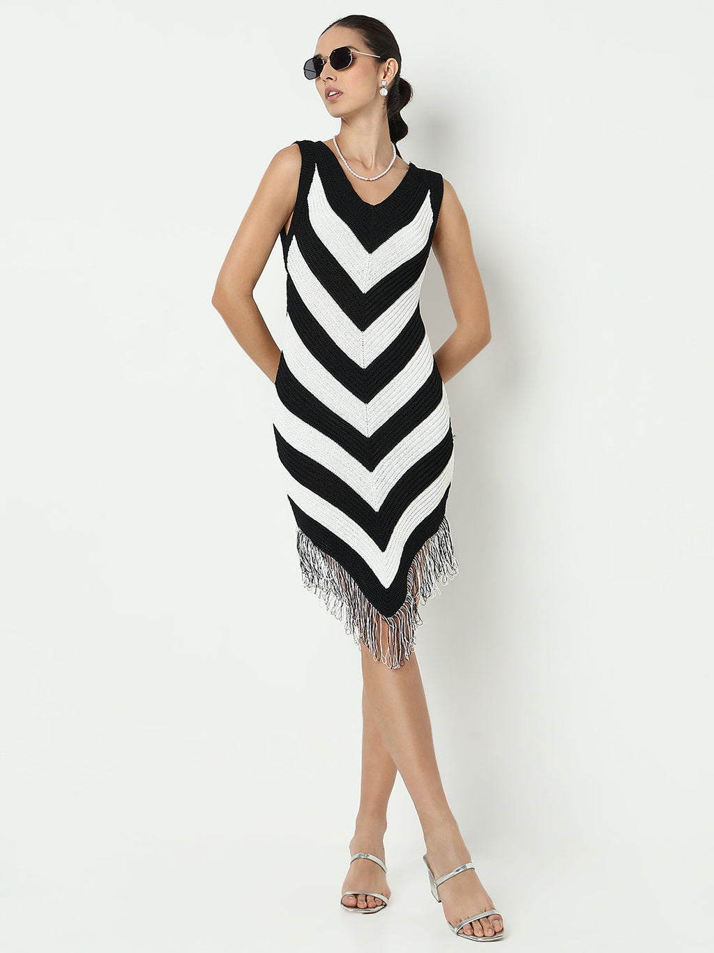 Women's Colourblocked Black Bodycon Dress with Fringe Hem