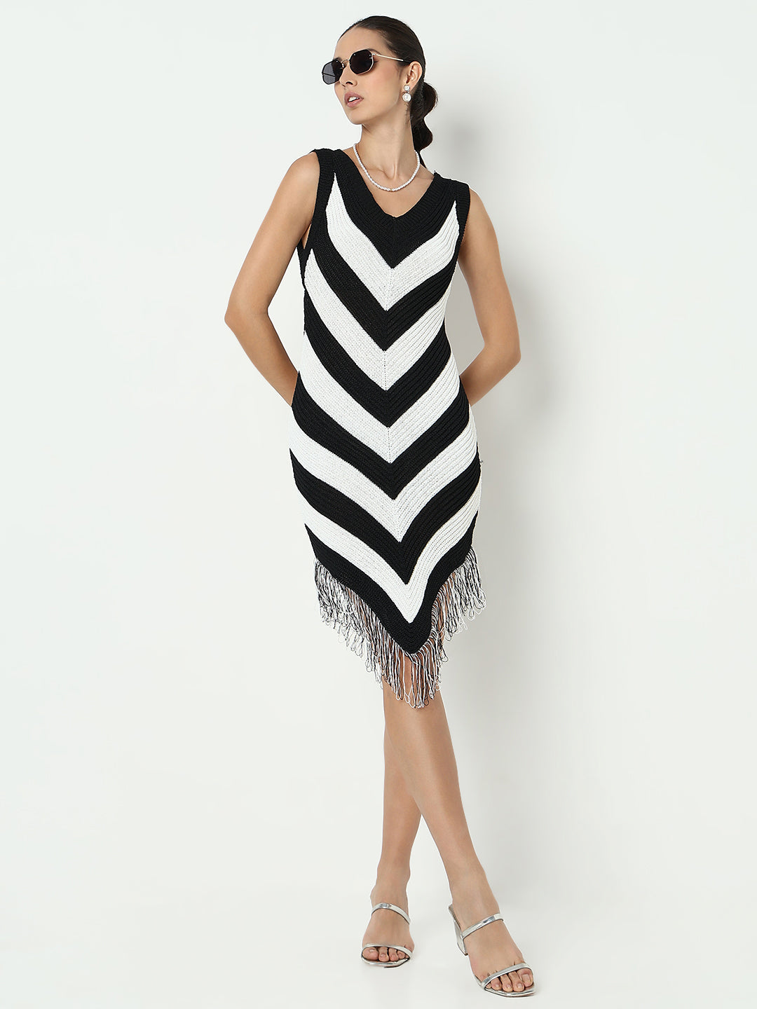 Women's Colourblocked Black Bodycon Dress with Fringe Hem