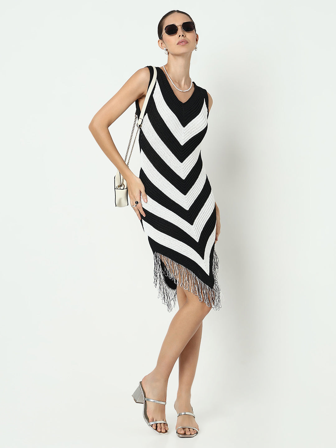 Women's Colourblocked Black Bodycon Dress with Fringe Hem