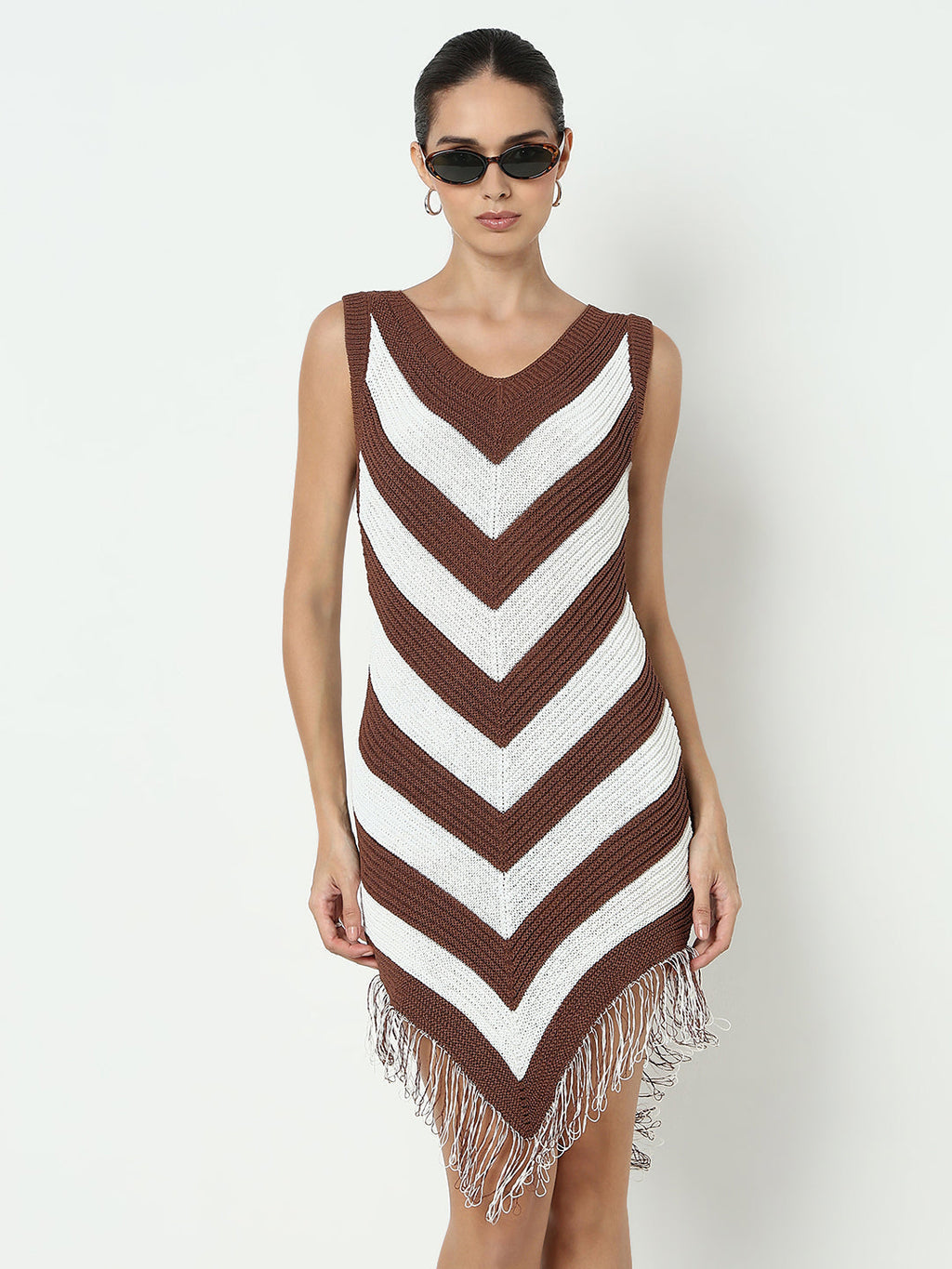 Women's Colourblocked Brown Bodycon Dress with Fringe Hem