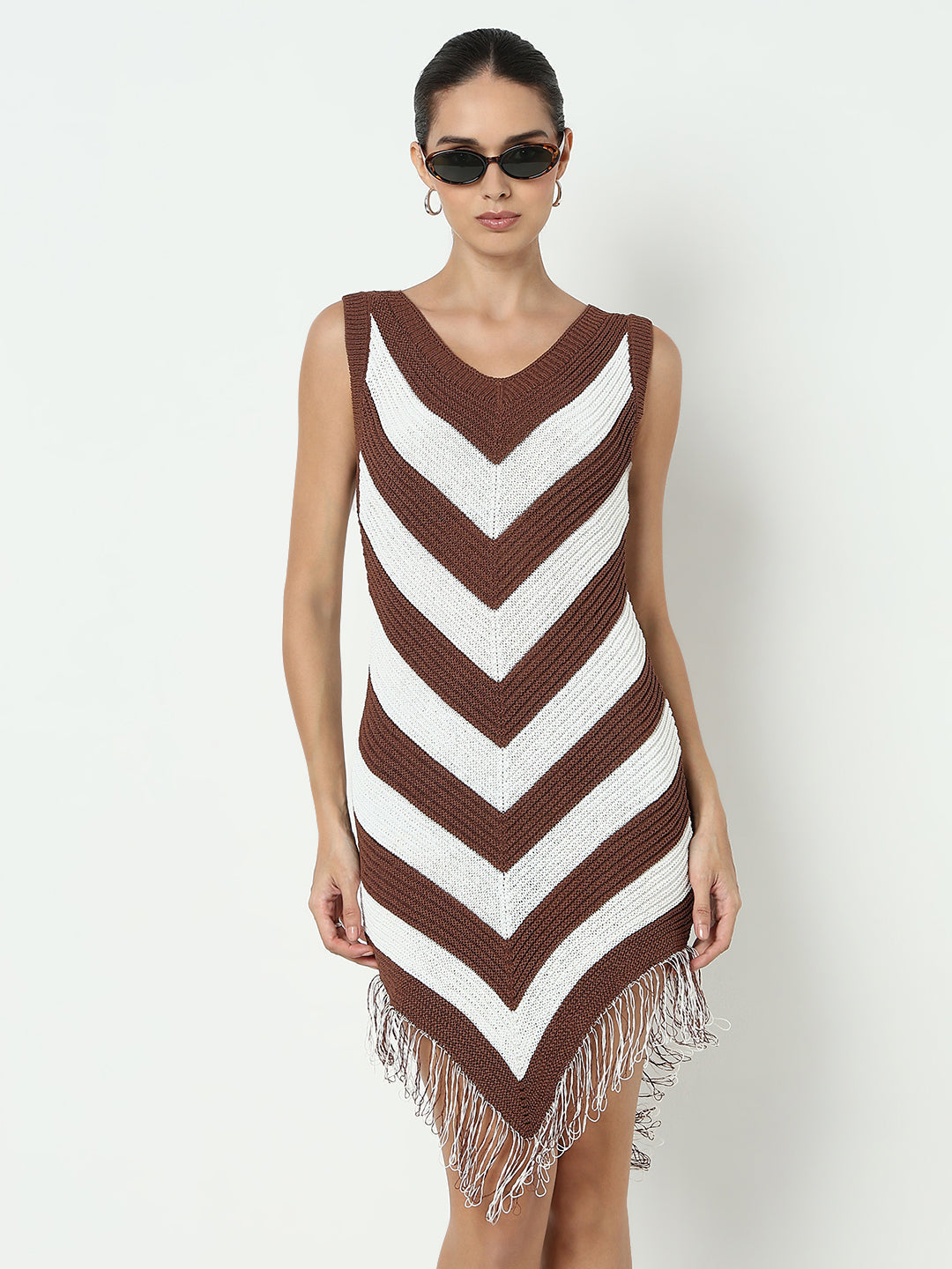 Women's Colourblocked Brown Bodycon Dress with Fringe Hem