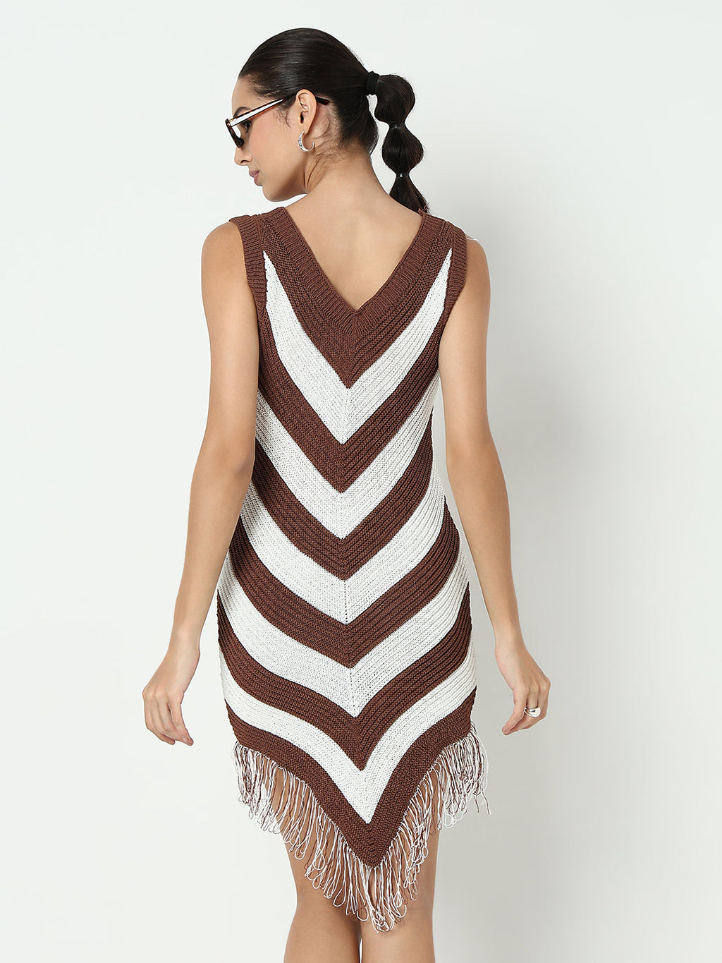 Women's Colourblocked Brown Bodycon Dress with Fringe Hem