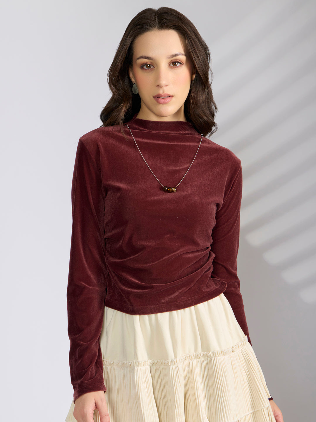 Women's Burgundy Velvet Fitted Ruched Top with Chain