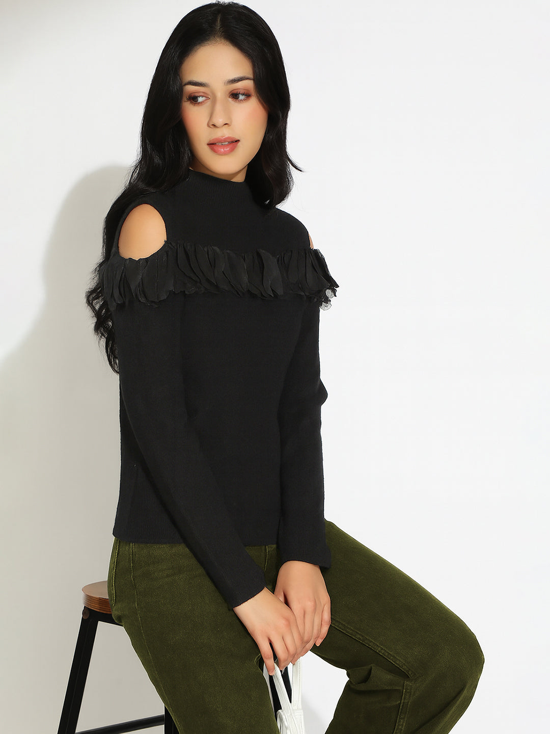 Women’s Knitted Black Cold Shoulder Ruffle Top