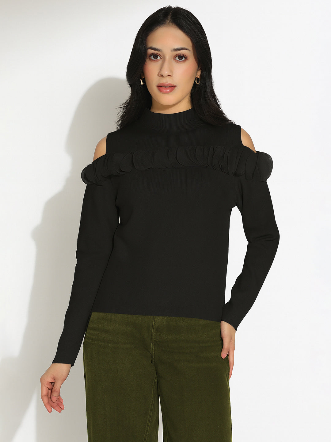 Women’s Knitted Black Cold Shoulder Ruffle Top