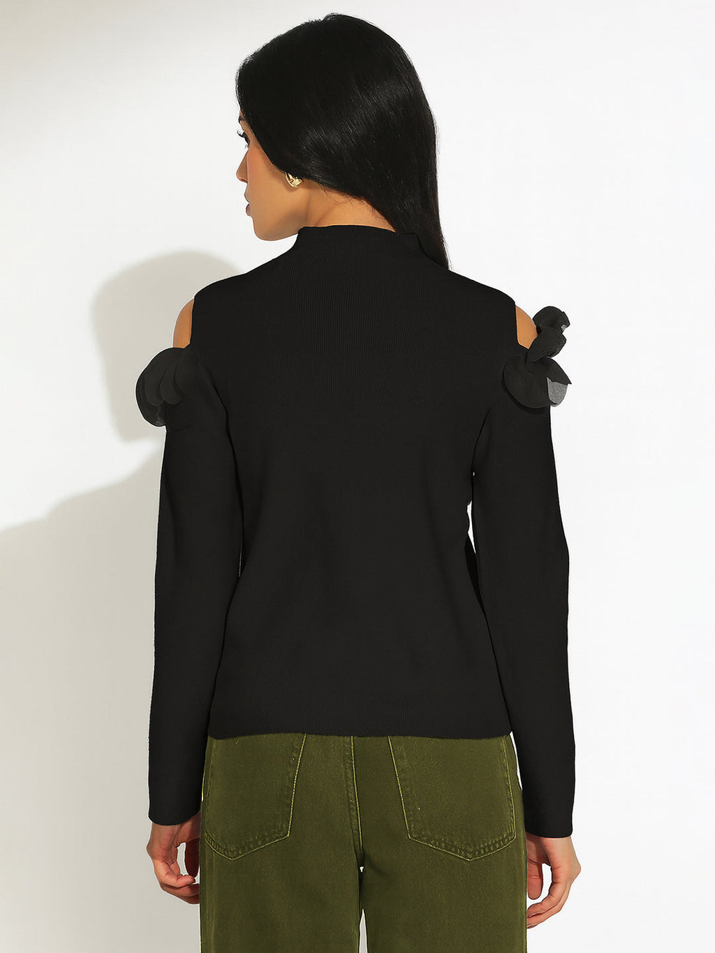 Women’s Knitted Black Cold Shoulder Ruffle Top