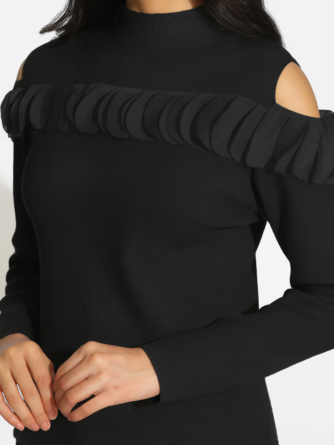 Women’s Knitted Black Cold Shoulder Ruffle Top