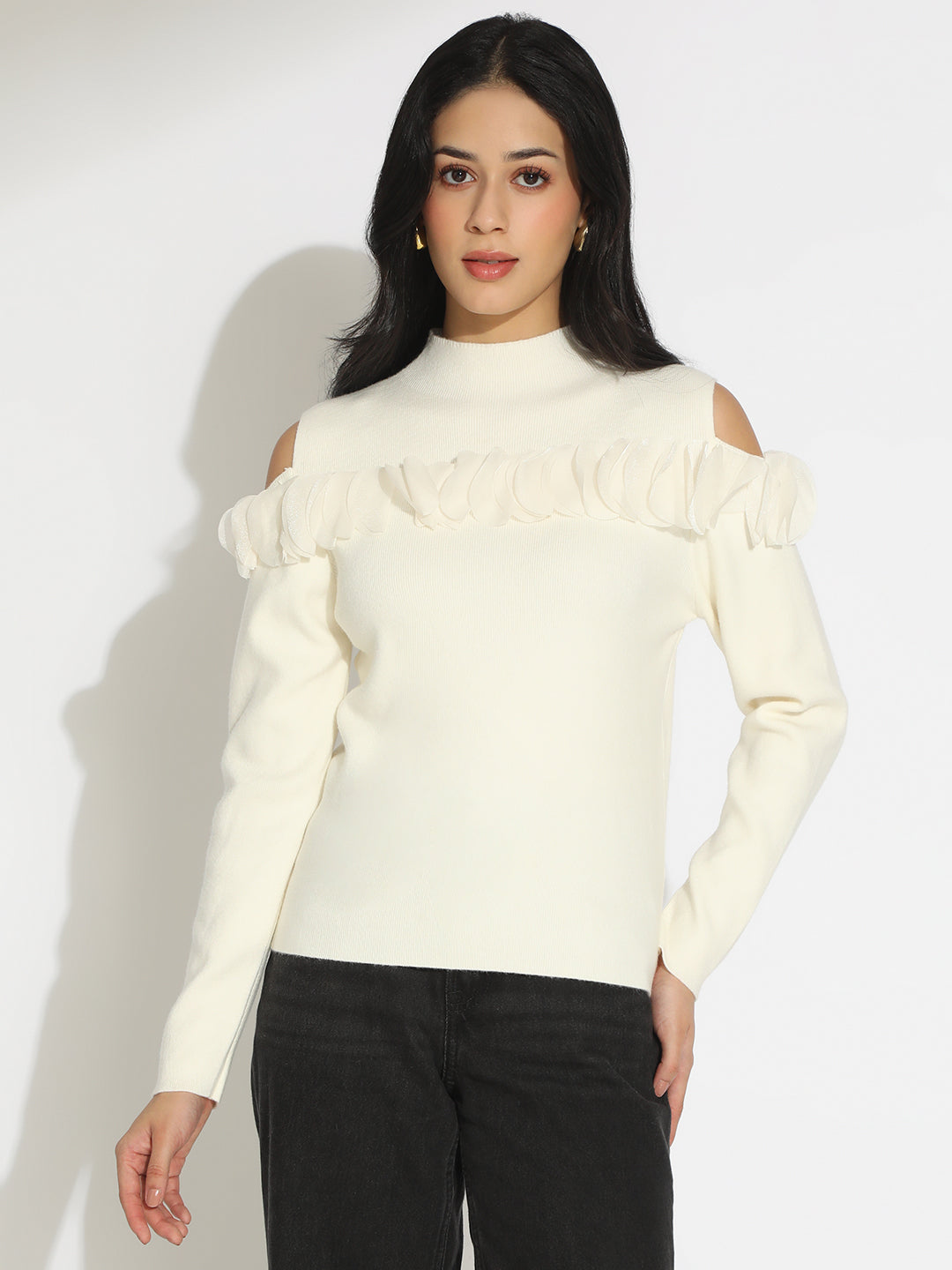 Women’s Knitted White Cold Shoulder Ruffle Top