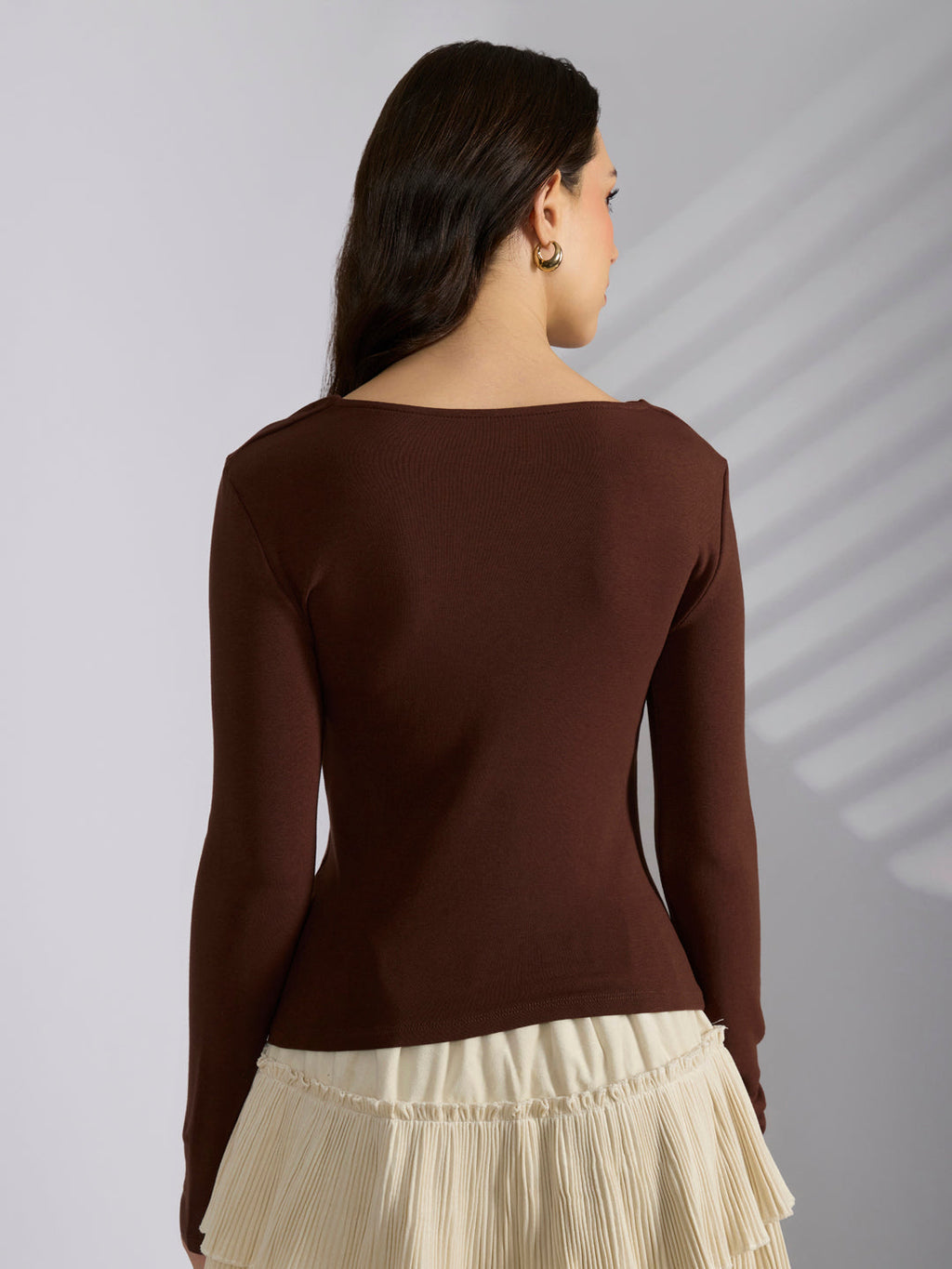 Women's Brown Asymmetric Ruched Neckline Long Sleeve Top