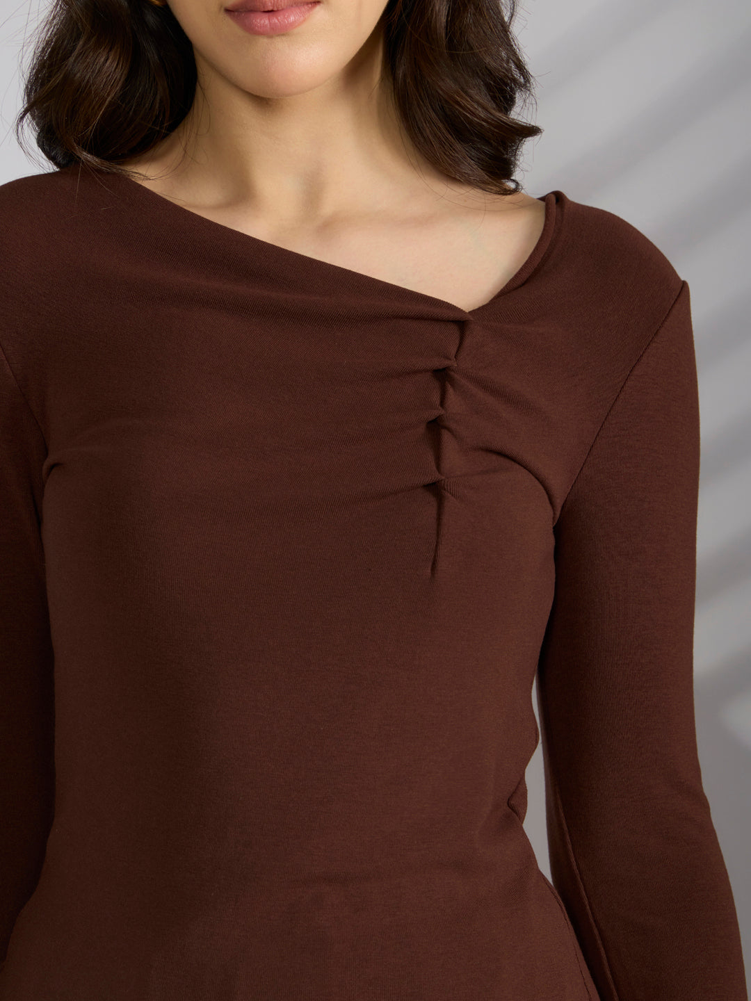 Women's Brown Asymmetric Ruched Neckline Long Sleeve Top