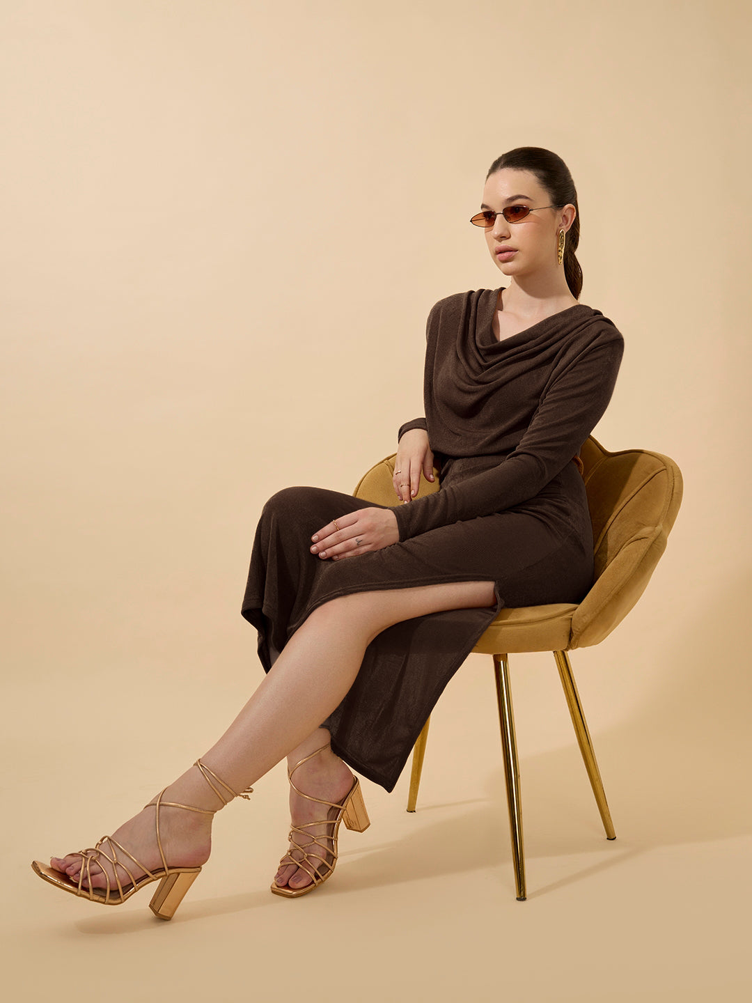 Women's Draped Velvet Brown Bodycon Maxi Dress with Side Slit