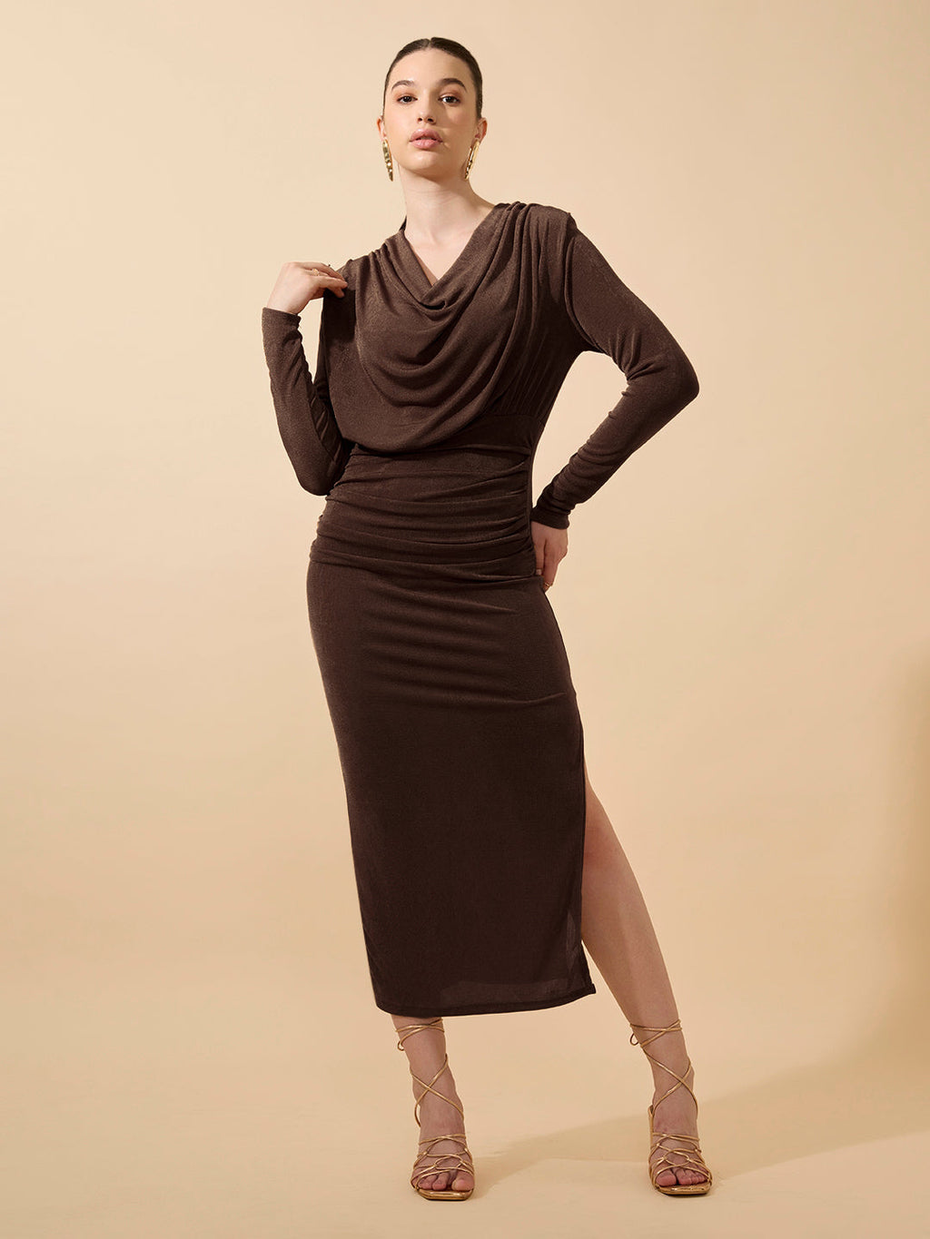Women's Draped Velvet Brown Bodycon Maxi Dress with Side Slit