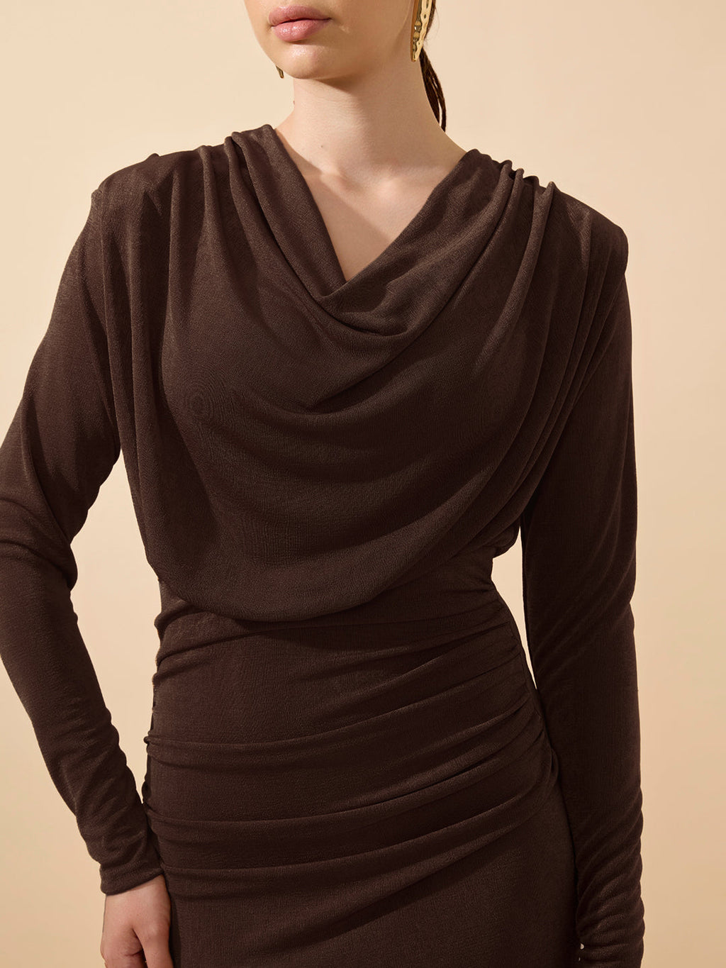 Women's Draped Velvet Brown Bodycon Maxi Dress with Side Slit