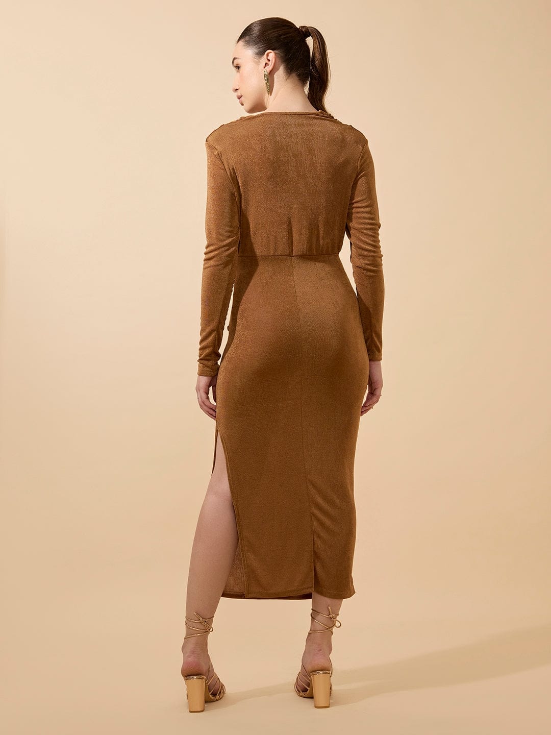 Women's Draped Velvet Camel Brown Bodycon Maxi Dress with Side Slit