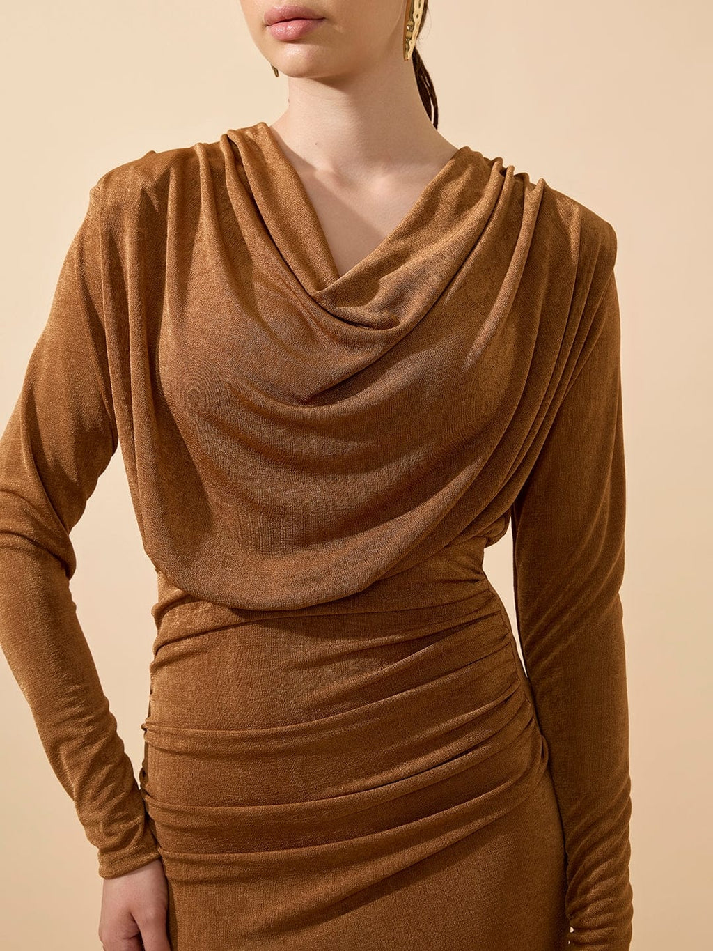 Women's Draped Velvet Camel Brown Bodycon Maxi Dress with Side Slit