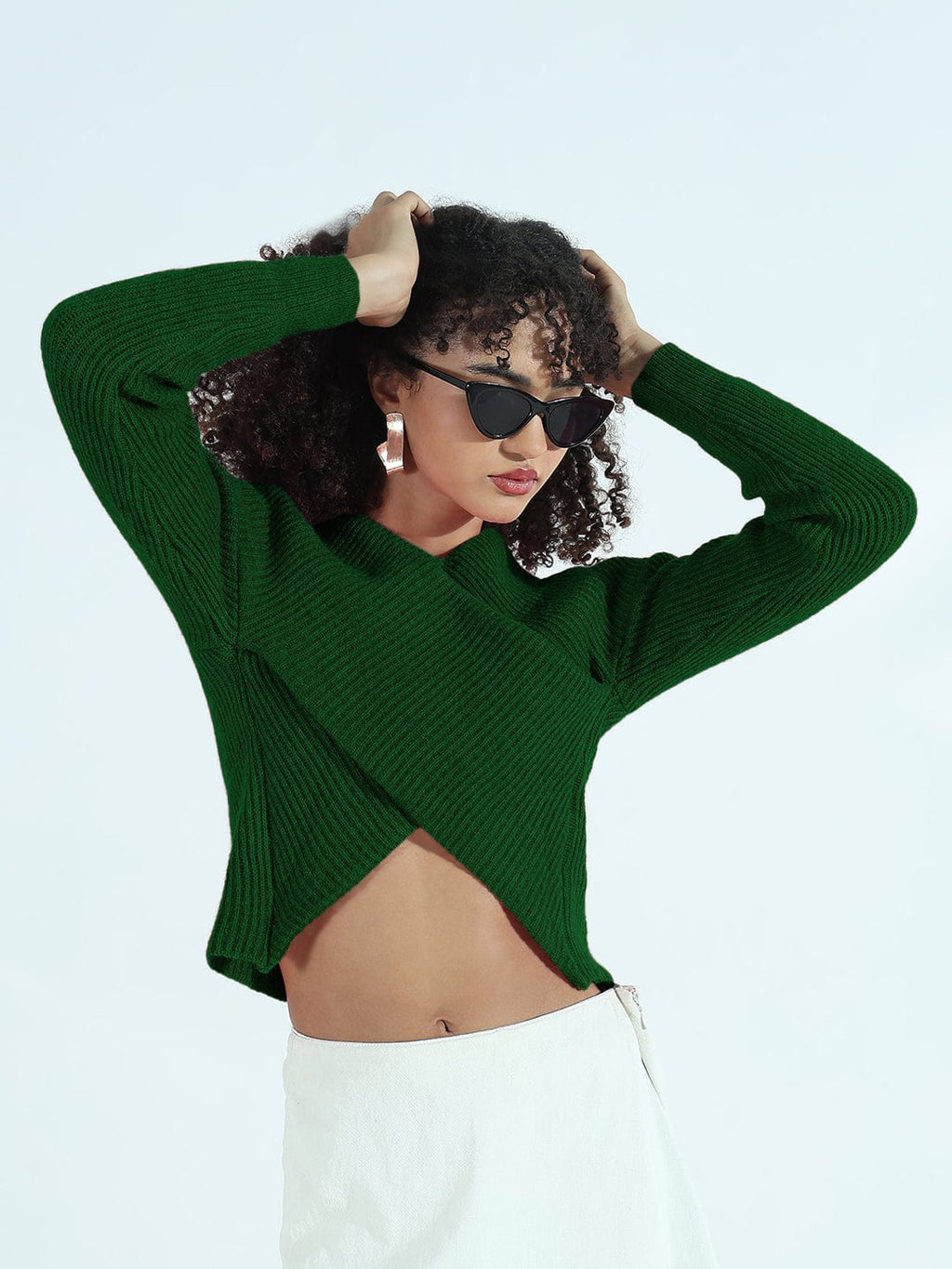 Women's Ribbed Green Asymmetric Wrap Style Short Top