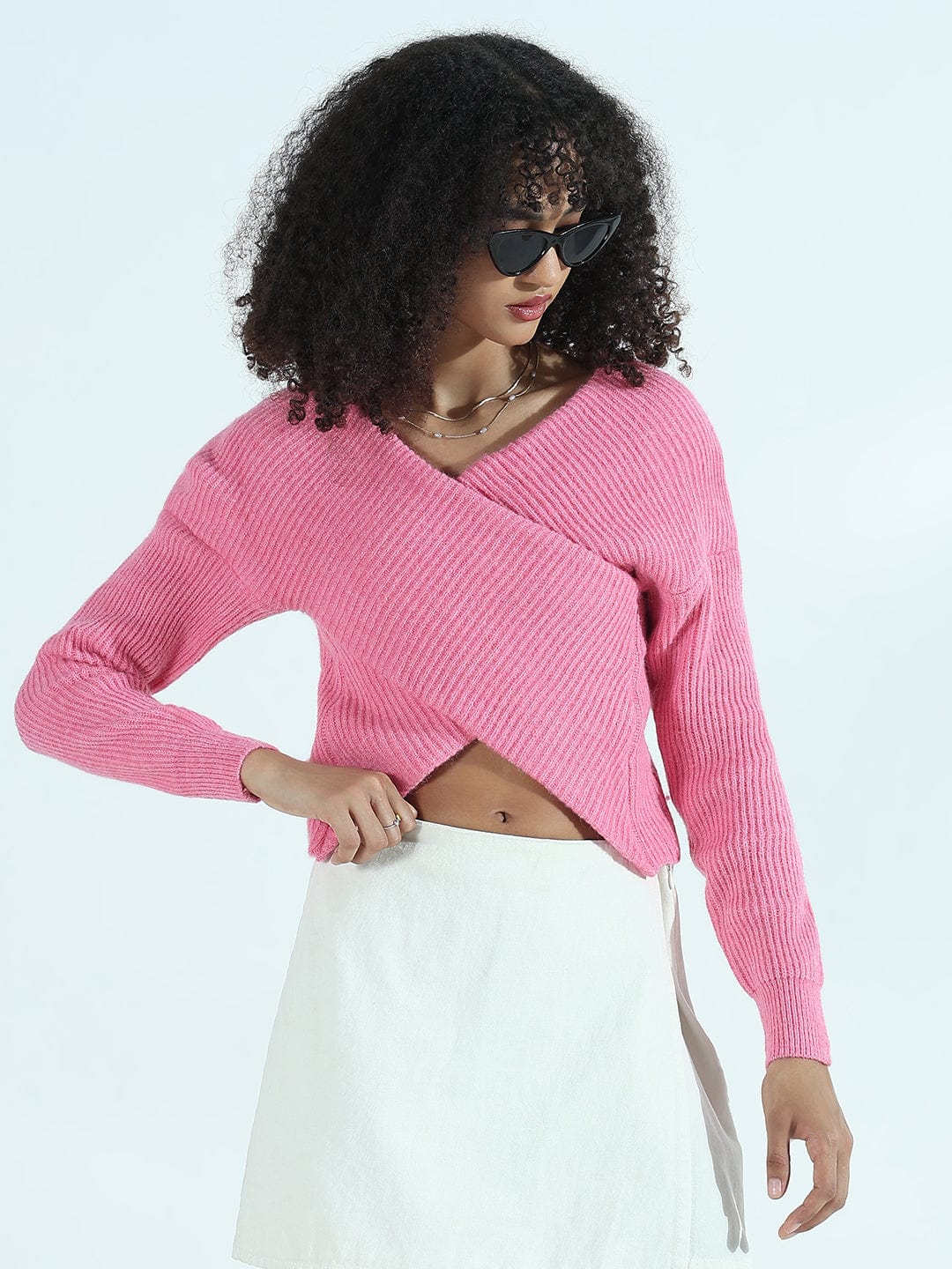 Women's Ribbed Pink Asymmetric Wrap Style Short Top