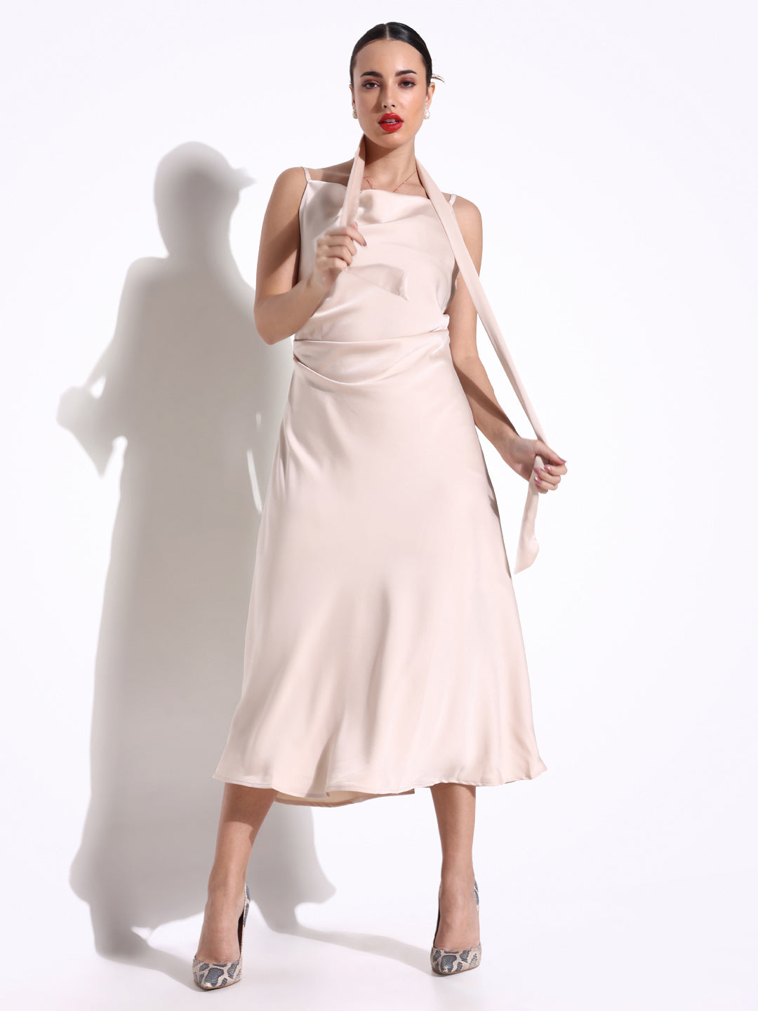Women's Cream Satin Cowl Neck Slip Dress with Waist Tie