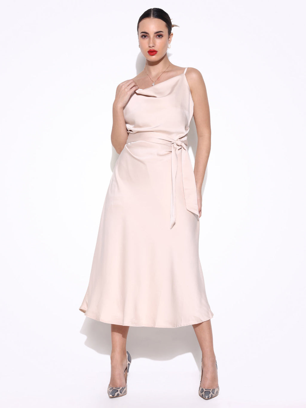 Women's Cream Satin Cowl Neck Slip Dress with Waist Tie