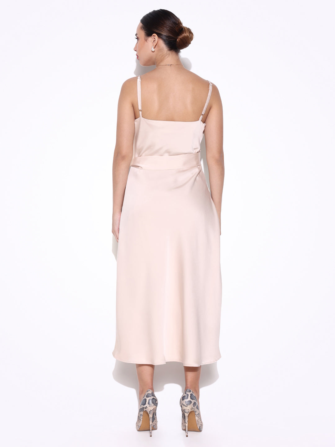 Women's Cream Satin Cowl Neck Slip Dress with Waist Tie