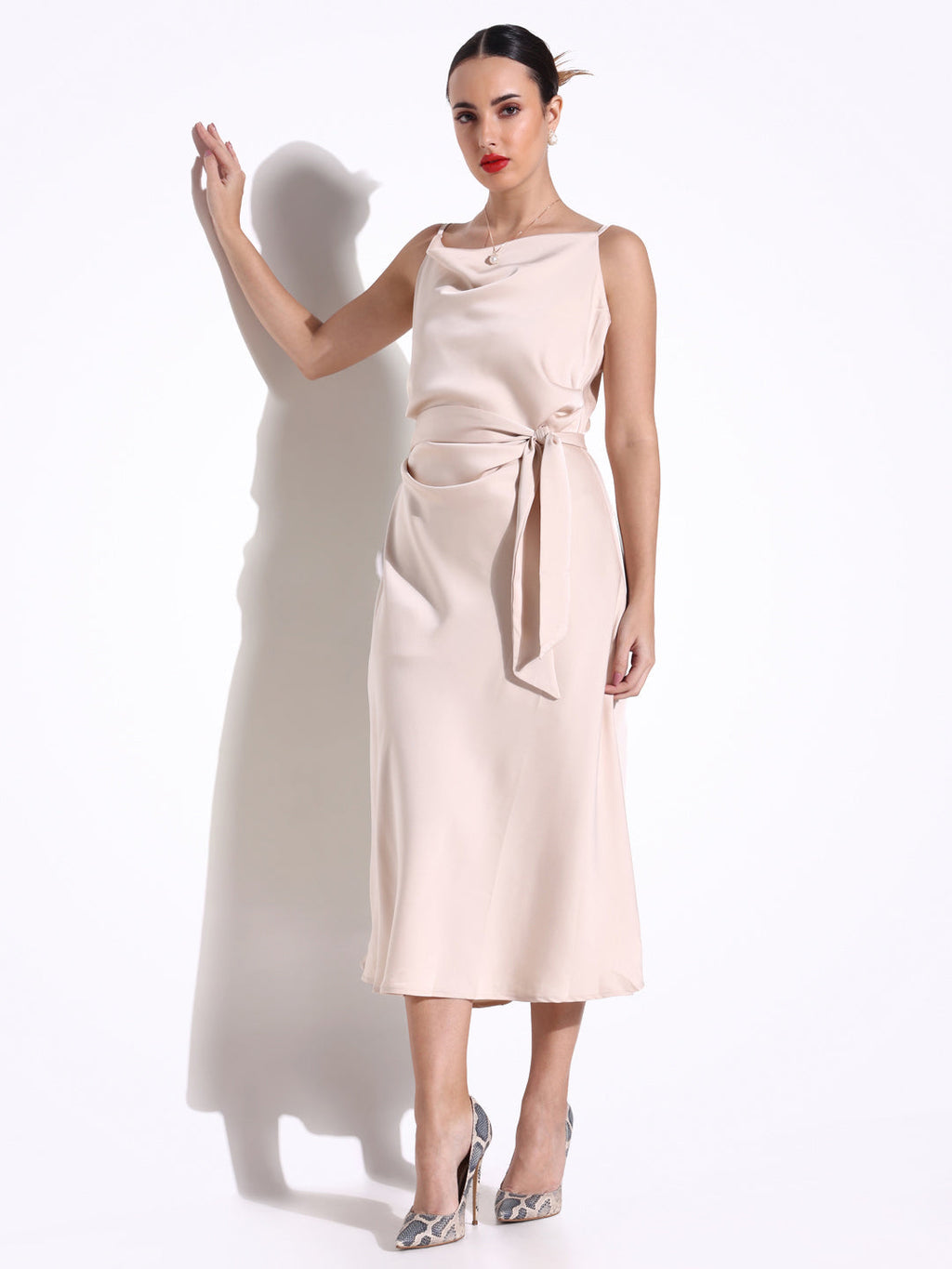 Women's Cream Satin Cowl Neck Slip Dress with Waist Tie
