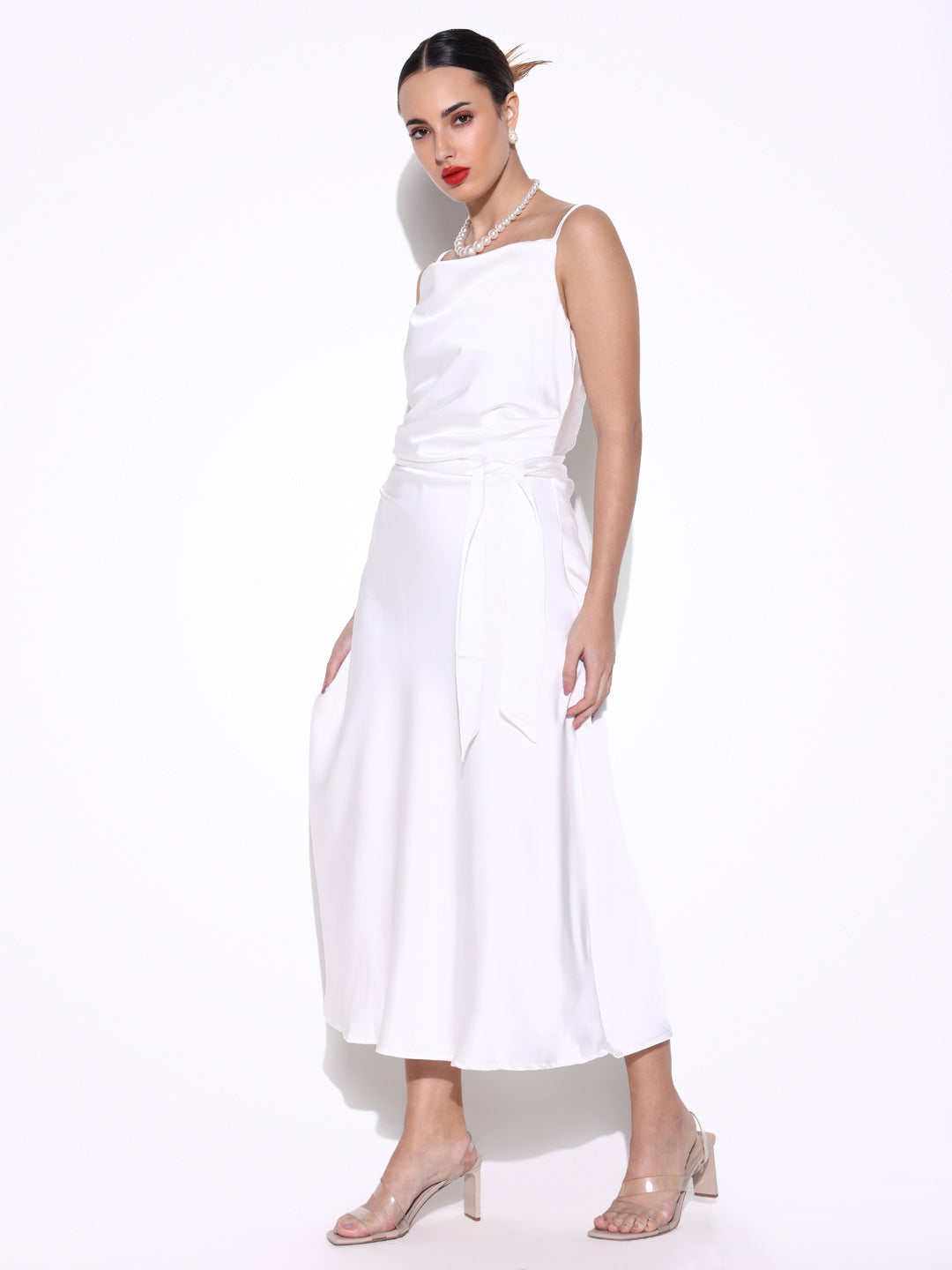 Women's White Satin Cowl Neck Slip Dress with Waist Tie