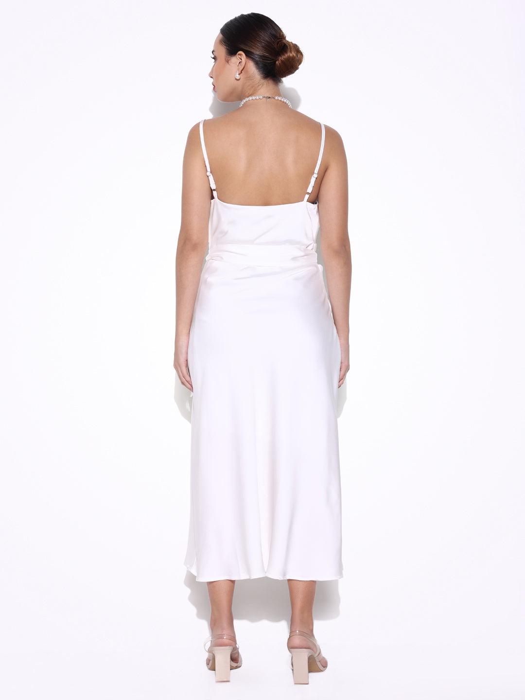 Women's White Satin Cowl Neck Slip Dress with Waist Tie