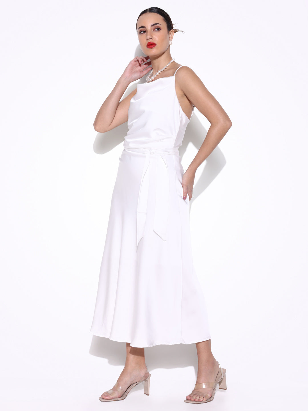 Women's White Satin Cowl Neck Slip Dress with Waist Tie