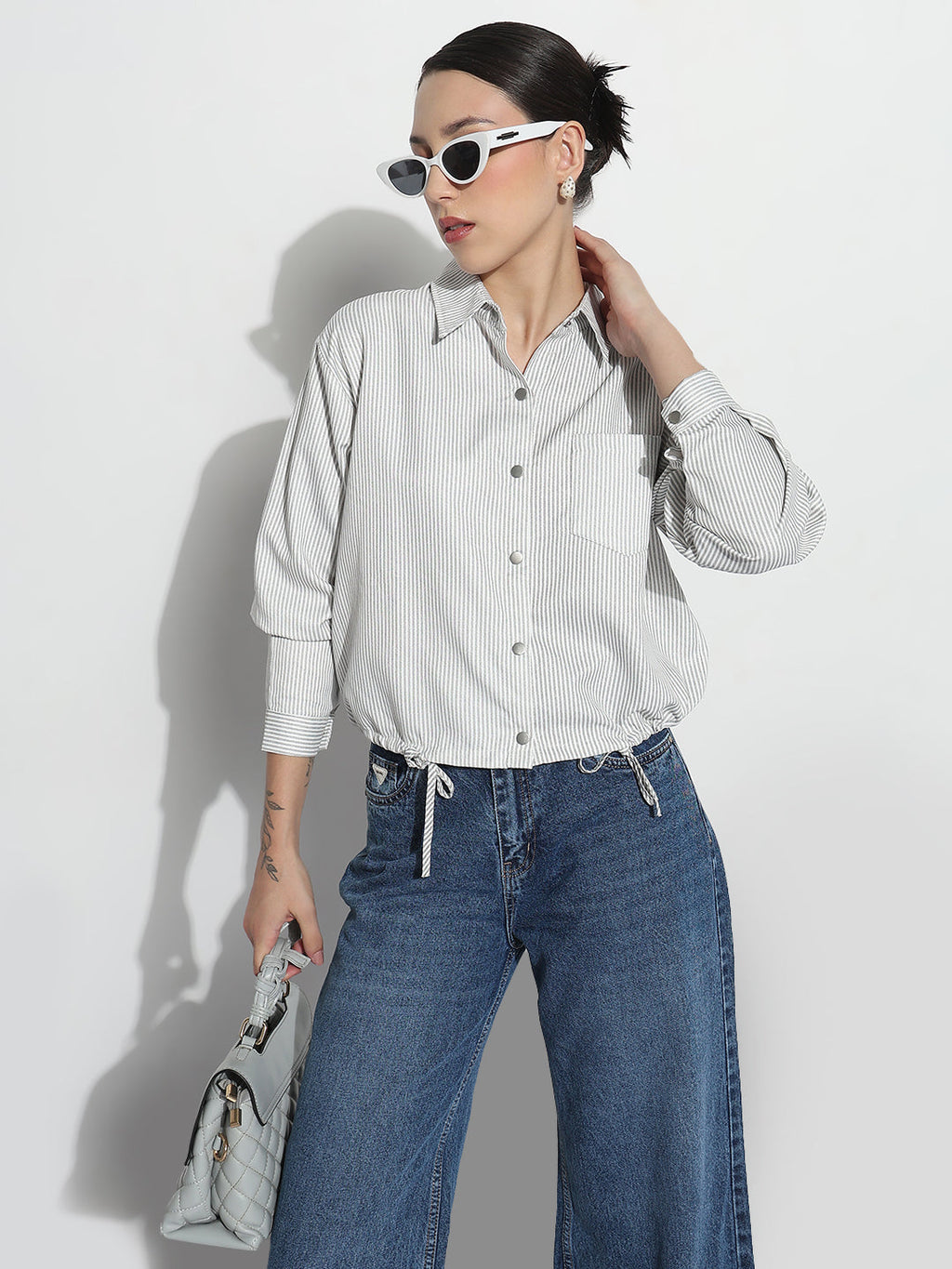 Women's Pinstripes Grey Shirt Style Top with Tie-Up Hem