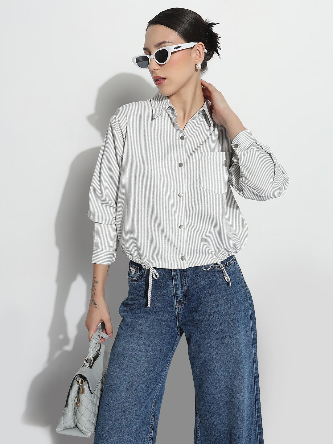 Women's Pinstripes Grey Shirt Style Top with Tie-Up Hem