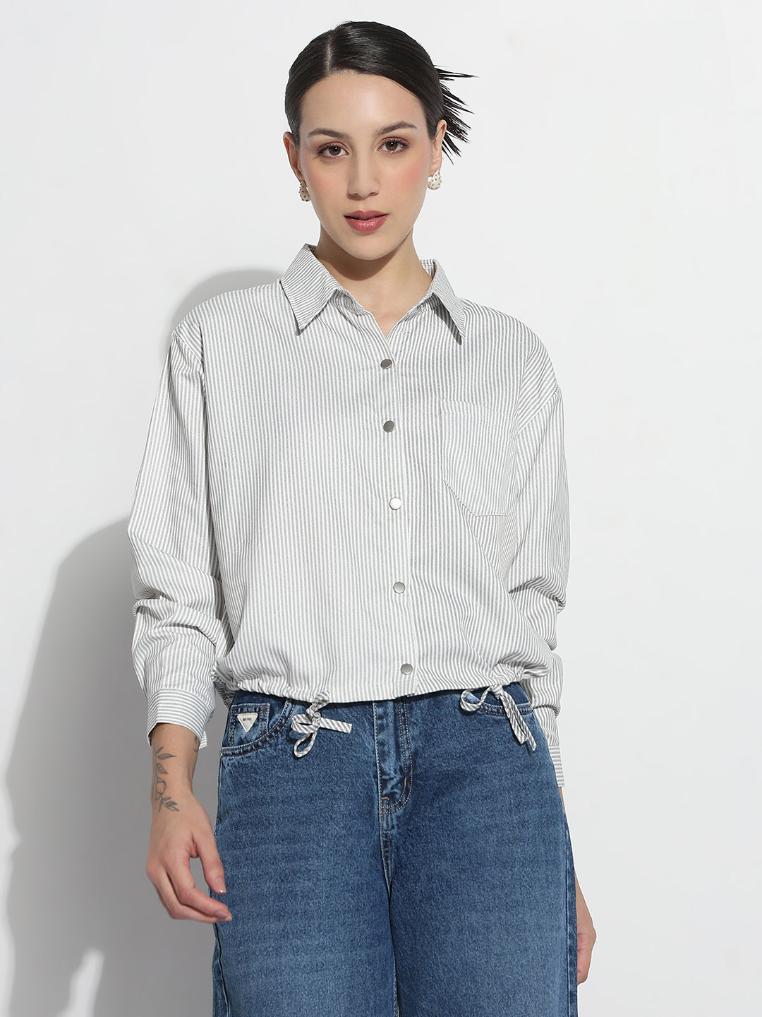 Women's Pinstripes Grey Shirt Style Top with Tie-Up Hem