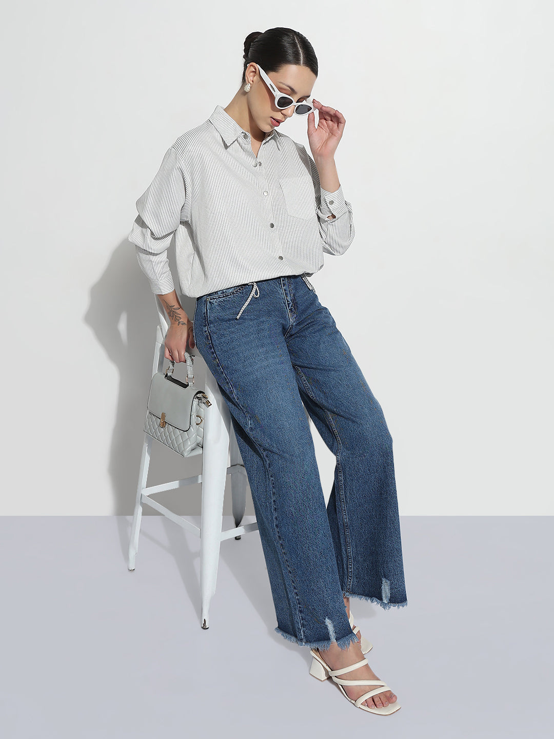 Women's Pinstripes Grey Shirt Style Top with Tie-Up Hem