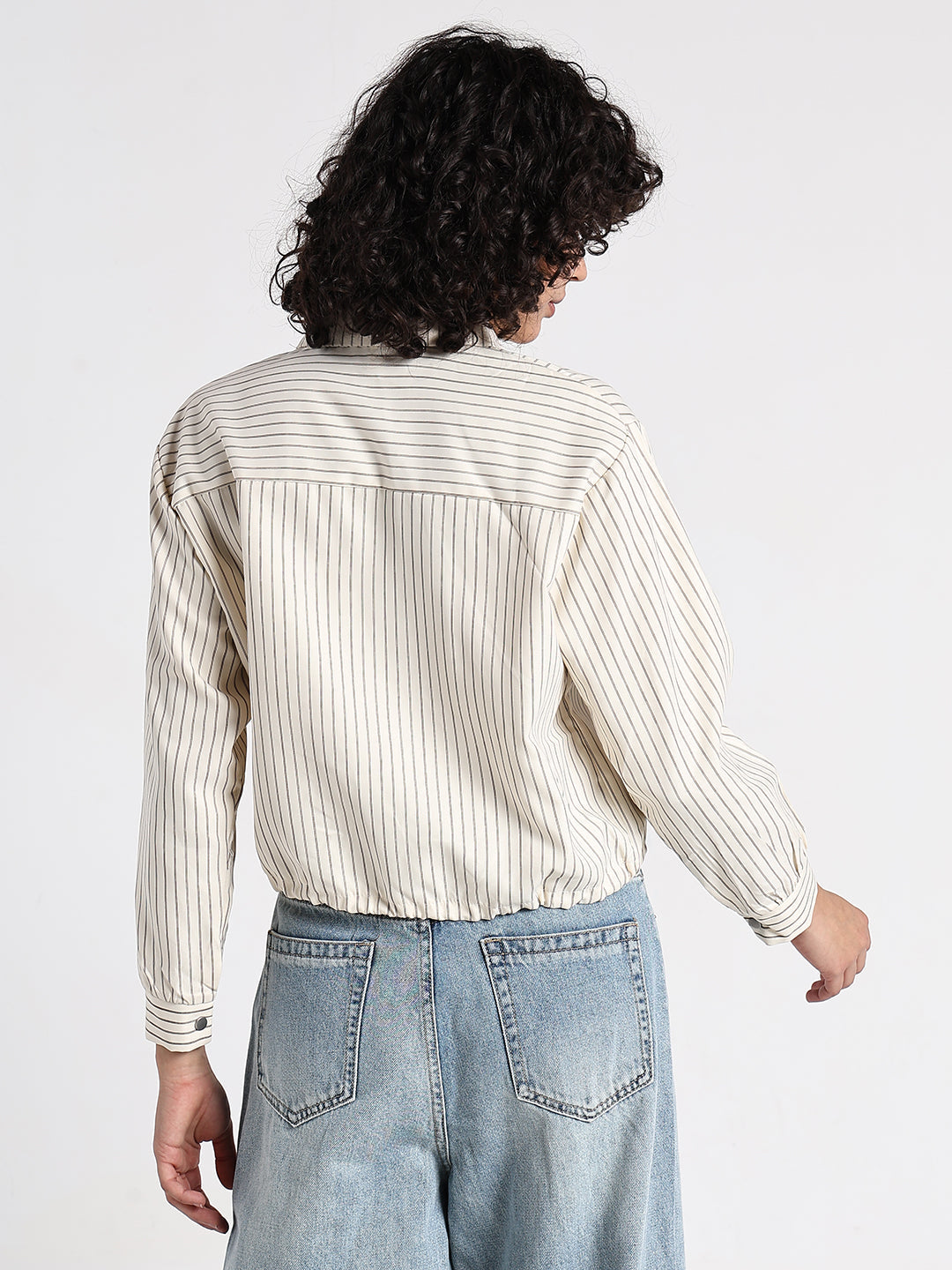 Women's Pinstripes Cream Shirt Style Top with Toggle Hem