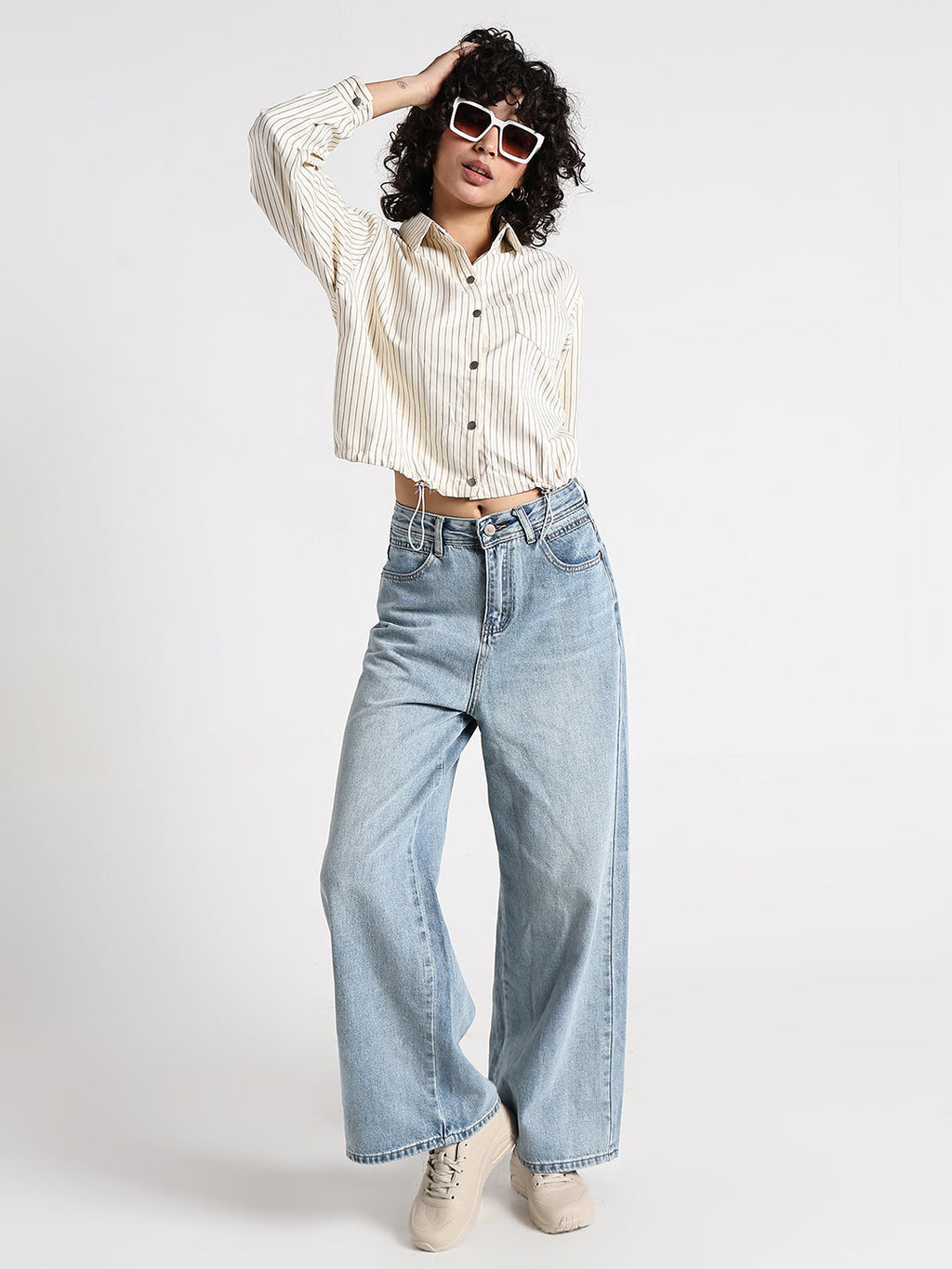 Women's Pinstripes Cream Shirt Style Top with Toggle Hem