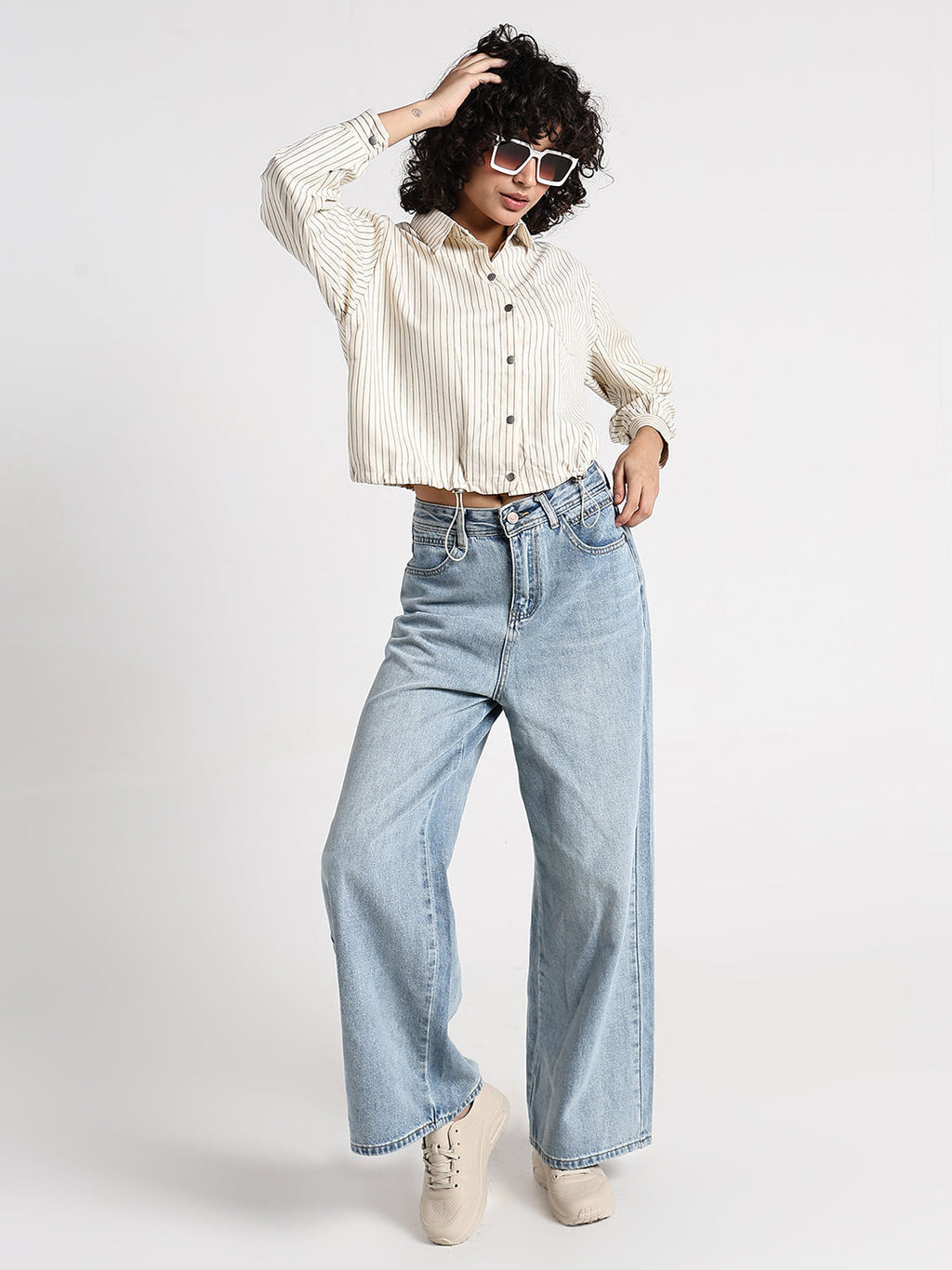 Women's Pinstripes Cream Shirt Style Top with Toggle Hem