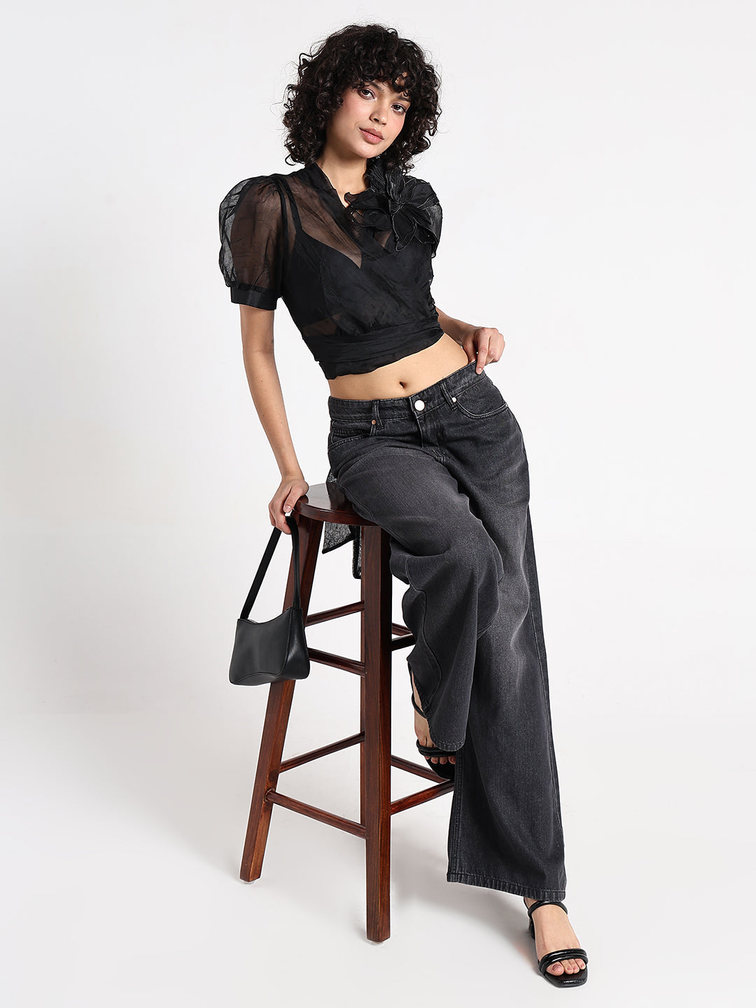 Women's Black Sheer Puff Sleeve Wrap Crop Top with Floral Applique