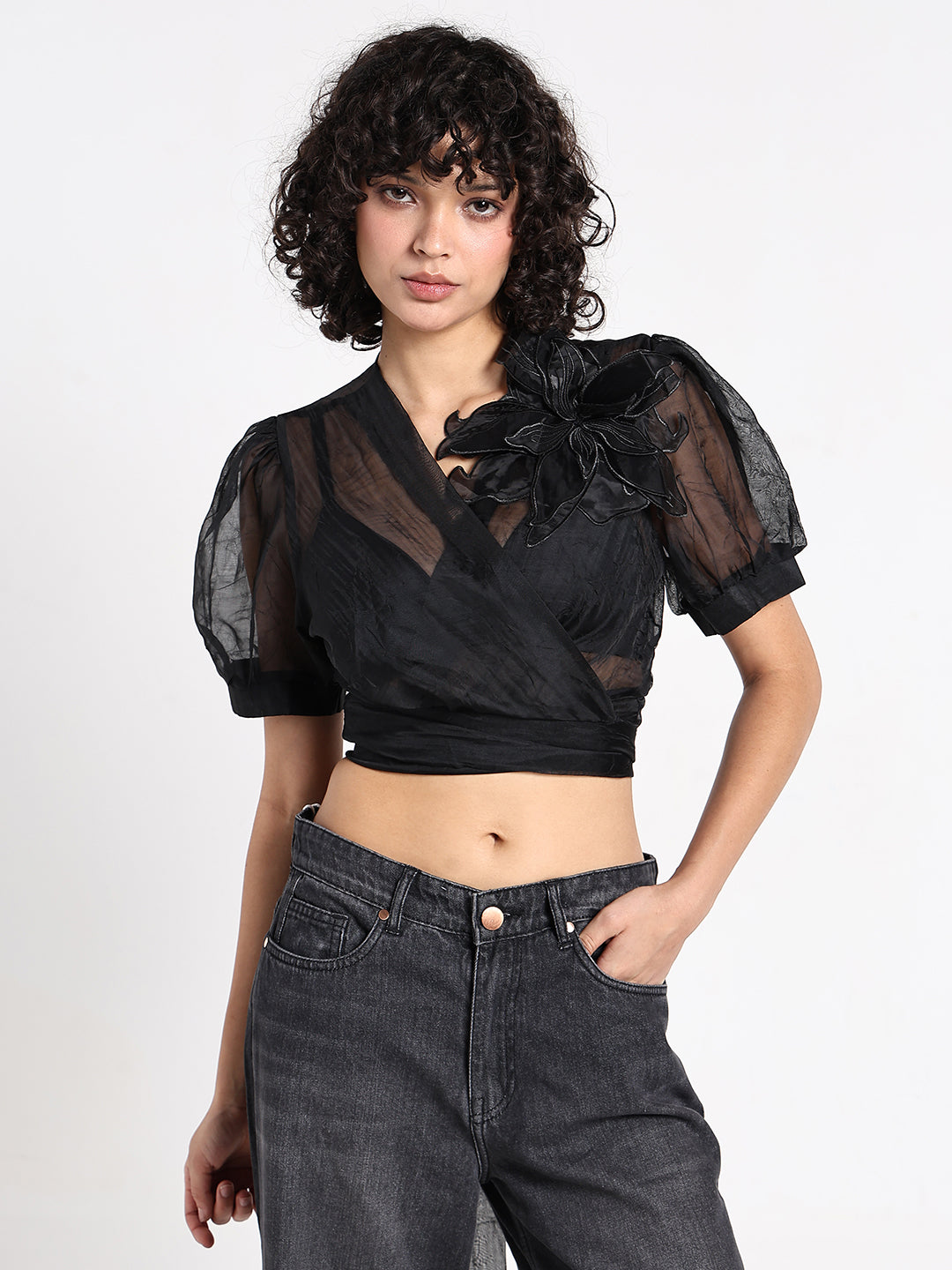 Women's Black Sheer Puff Sleeve Wrap Crop Top with Floral Applique
