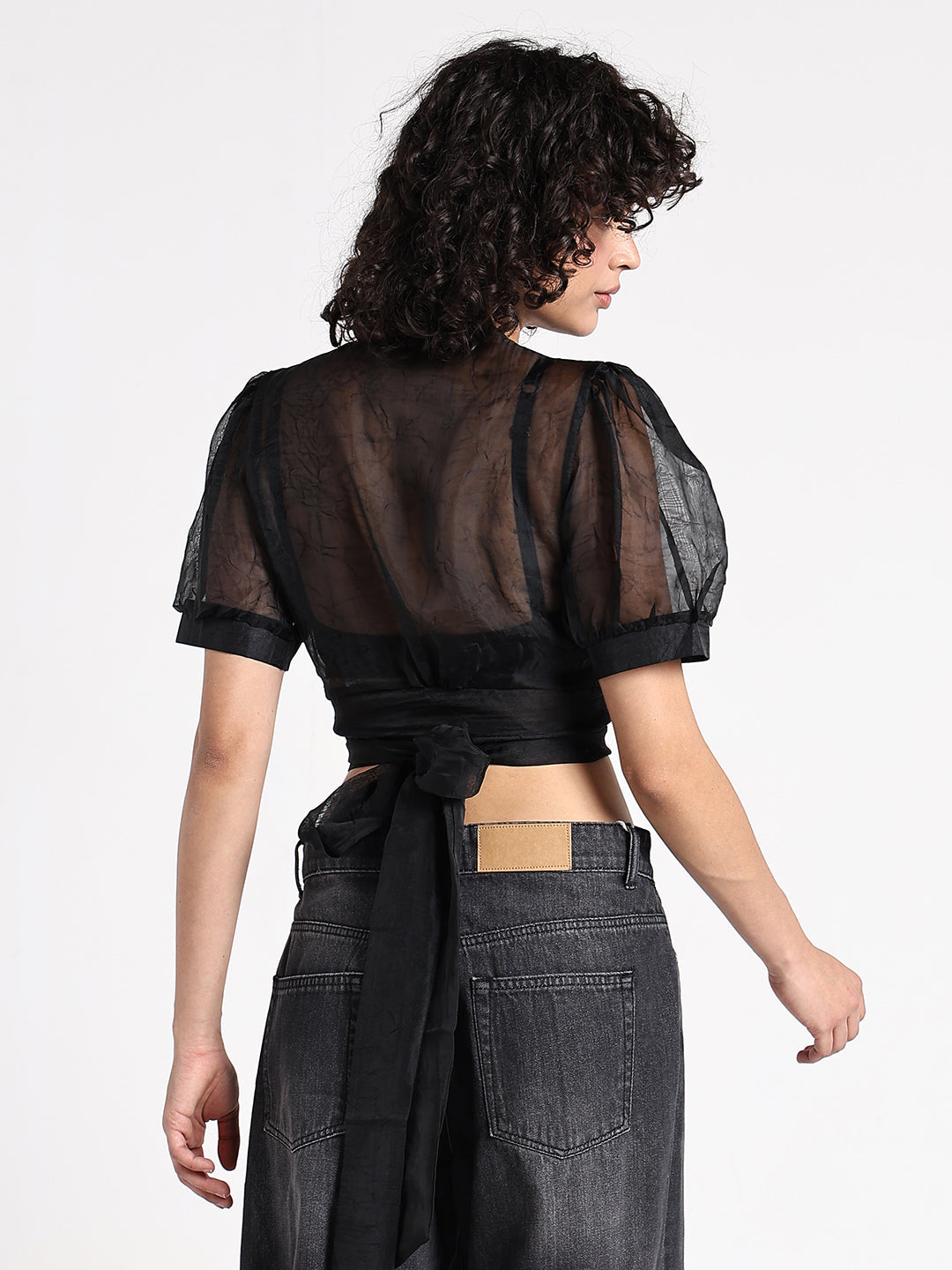 Women's Black Sheer Puff Sleeve Wrap Crop Top with Floral Applique